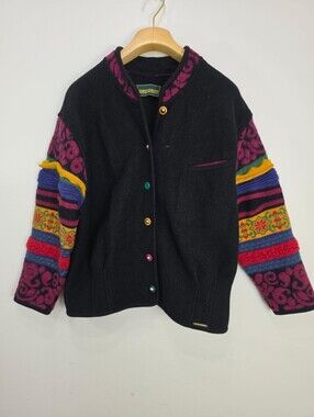 Geiger Black Wool Blend Cardigan with Multicolor Patterned Sleeves